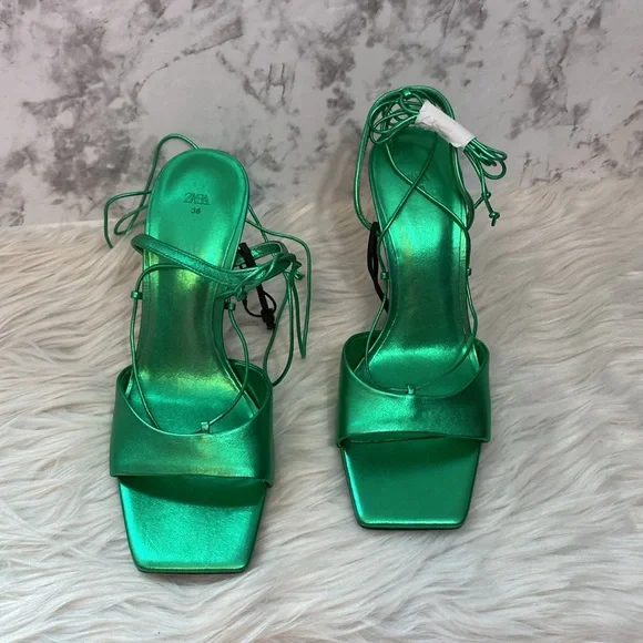 NWOT Zara Metallic Green Lace-up Leather Sandals, Size 7.5 - Picture 6 of 17